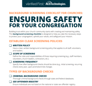 Image showing a portion of a church safety checklist, emphasizing the importance of written policies, scope of screening, and criminal background checks.